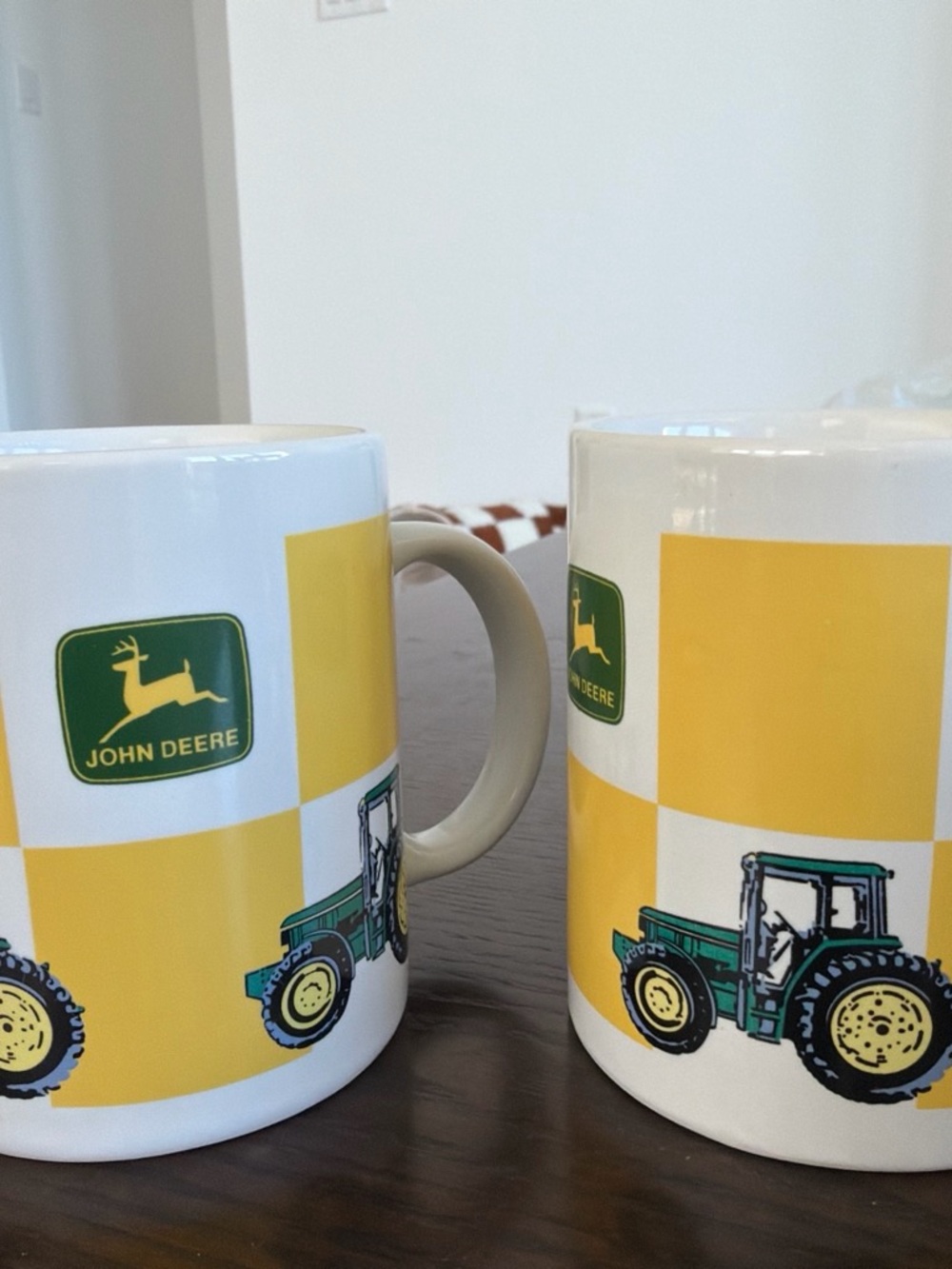 John Deere Green & Yellow Tractor Checkered Ceramic Mug Set